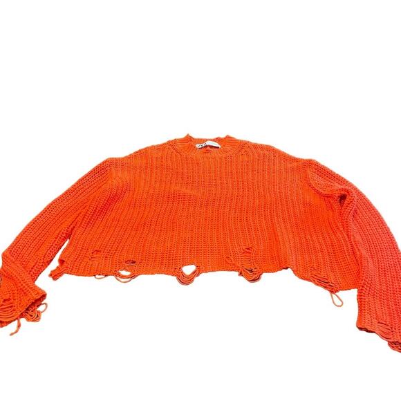 Zara Women's Orange Distressed Knit Sweater Size Medium - Picture 3 of 5